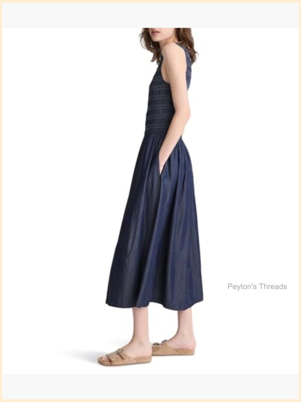 Smocked Boatneck Maxi Denim Dress with Pockets - Picture 2 of 5